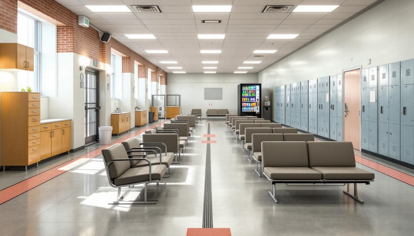 Visitation facilities and waiting area at California City Correctional Facility